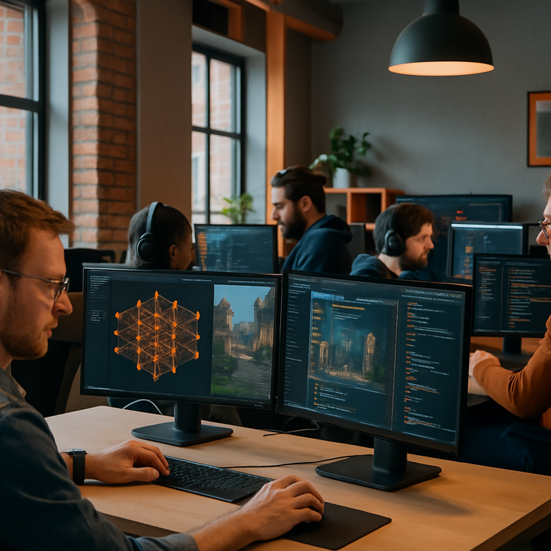 Game developers in modern Dutch studio working with AI technology on computer screens