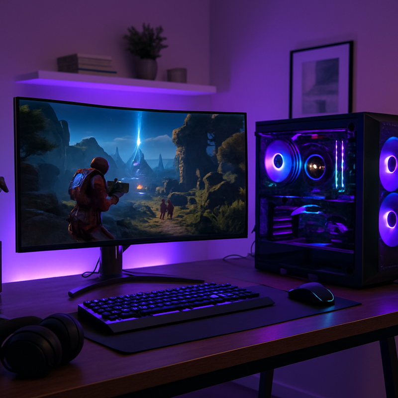 Gaming computer setup met RGB verlichting, OLED monitor en ergonomisch bureau