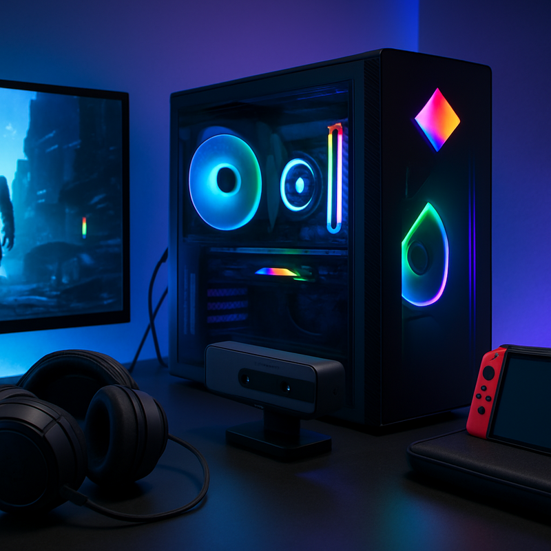 Gaming setup met HP Omen PC, SteelSeries headset, 3D scanner en Nintendo Switch accessoires