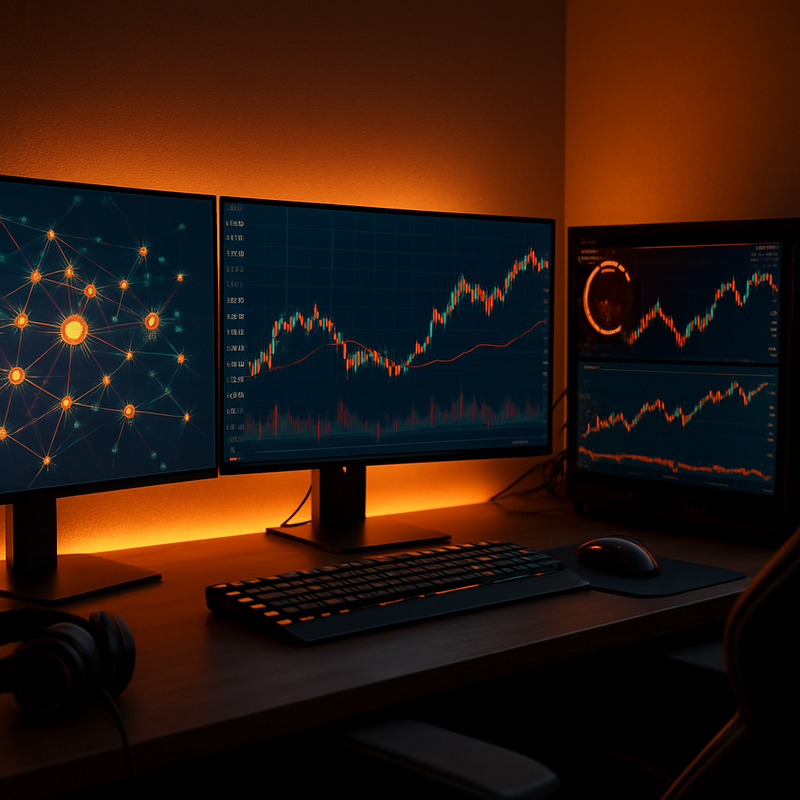Gaming setup met blockchain visualisaties en cryptocurrency data op monitors