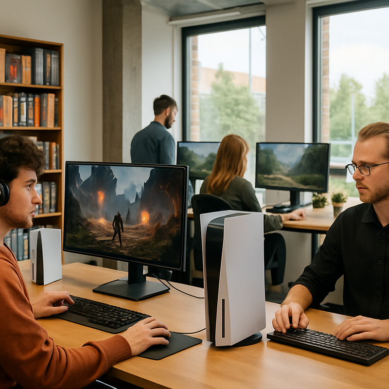 Game ontwikkelaars in Nederlands kantoor met computers en spelconsoles