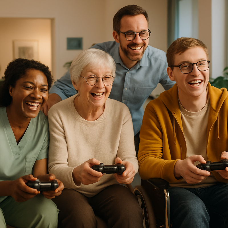 Diverse groep mensen van verschillende leeftijden speelt samen videogames in zorginstelling