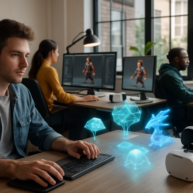 Game developers in a modern Dutch studio working with advanced animation technology