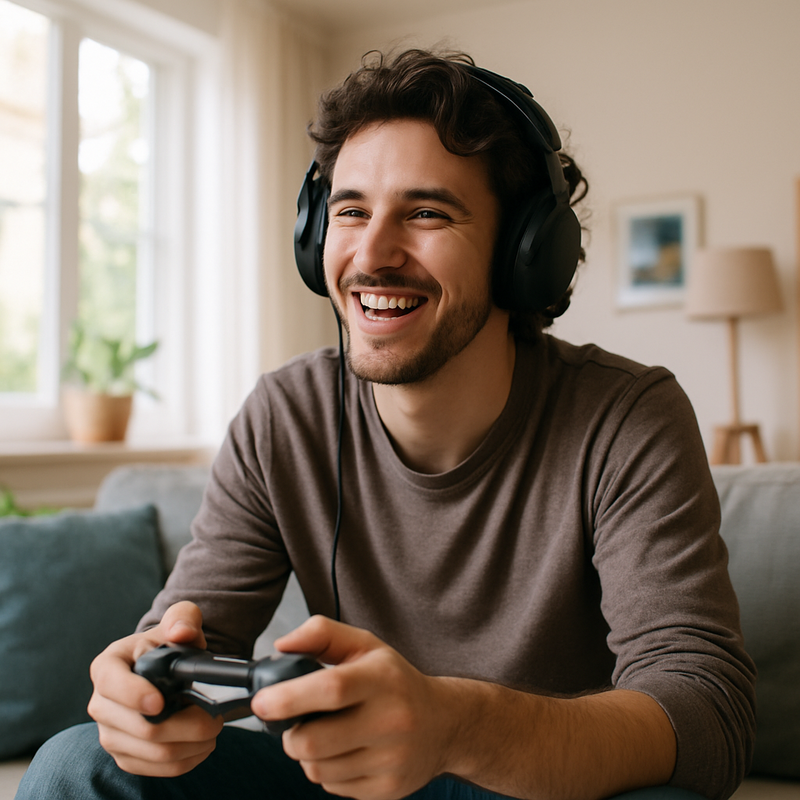 Persoon die ontspannen gamet in huiselijke omgeving