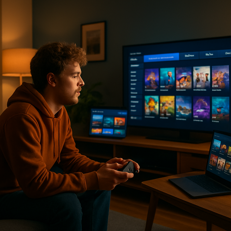 Gamer in Nederlandse huiskamer met controller en schermen met game-abonnementen