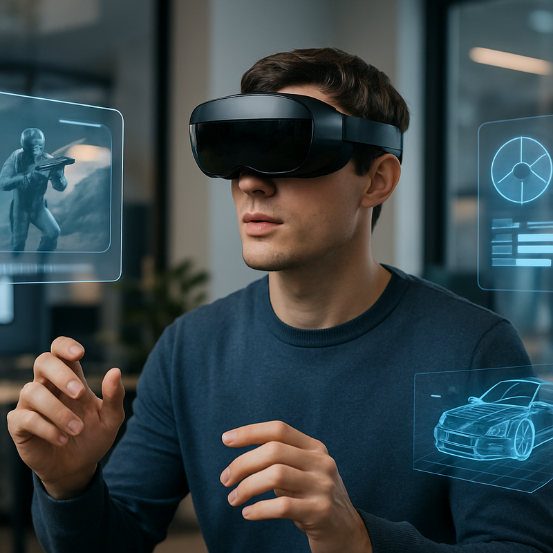 Persoon met moderne VR-headset in kantooromgeving met holografische displays