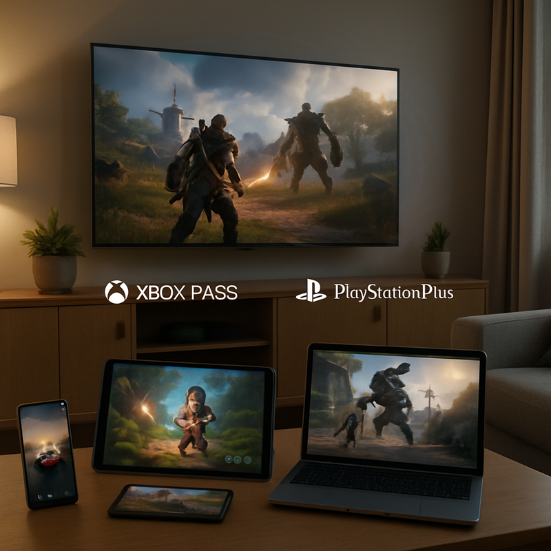 Verschillende apparaten tonen games via cloud streaming diensten in een Nederlandse woonkamer