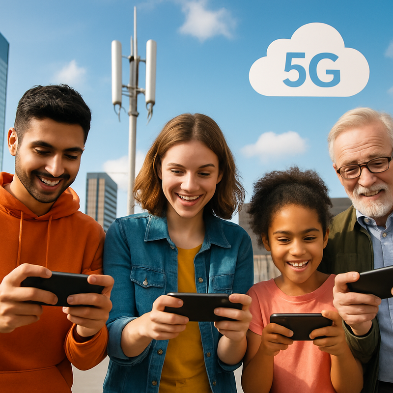 Mensen van verschillende leeftijden spelen mobiele games met 5G-technologie