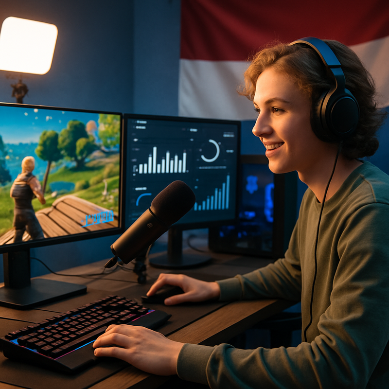 Nederlandse gaming-influencer aan het streamen met meerdere schermen