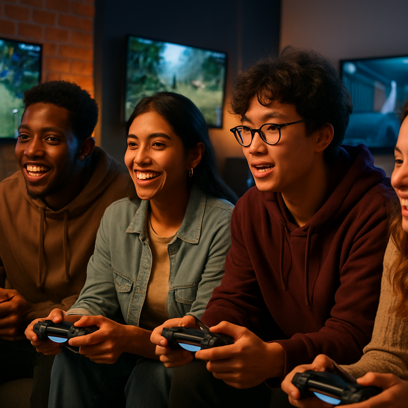 Diverse groep jongeren uit verschillende culturen speelt samen videogames