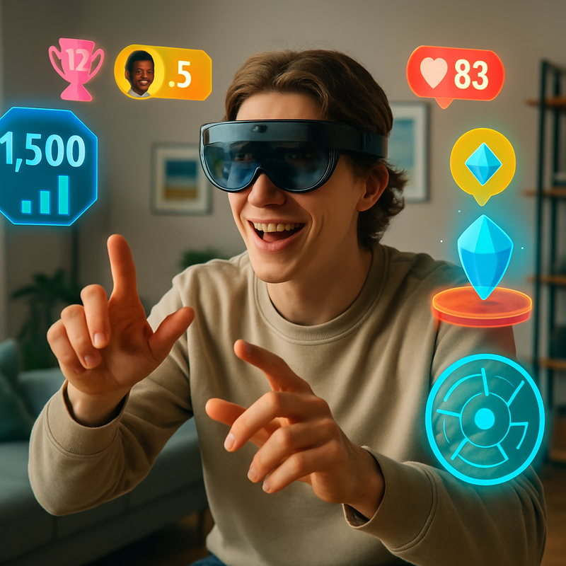 Jonge gamer speelt een augmented reality game met AR-bril in een moderne woonkamer