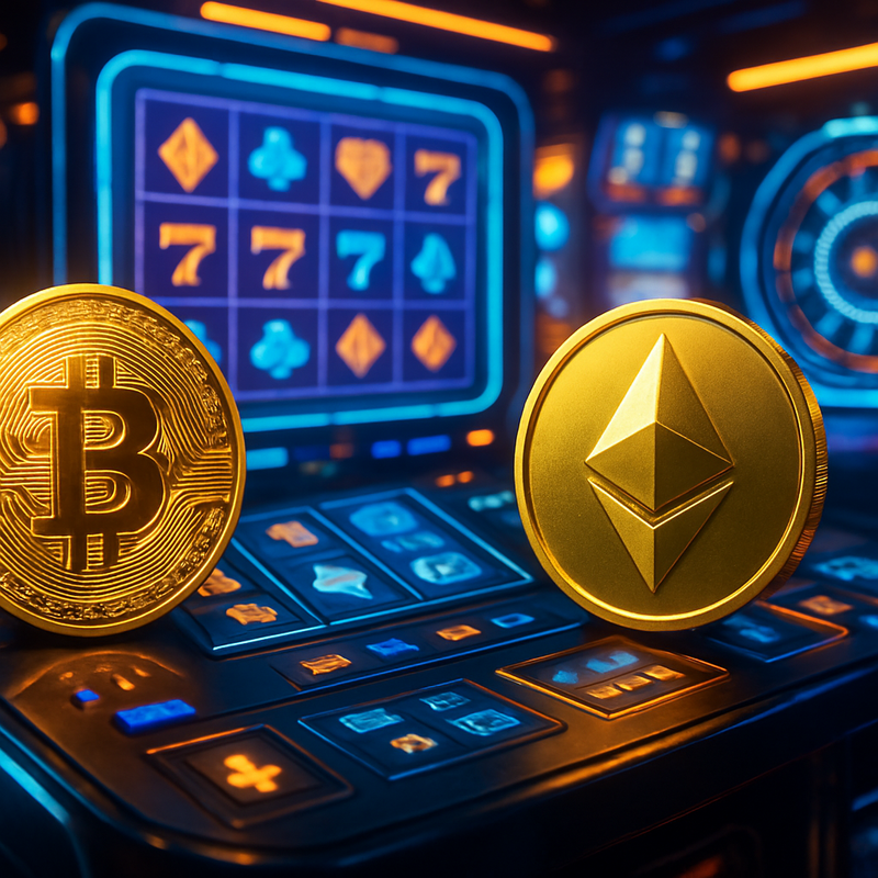 Digitale casino omgeving met Bitcoin en Ethereum symbolen en futuristische gaming interface