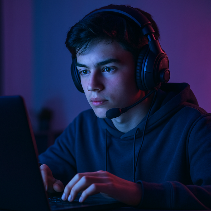Tiener met gaming headset en laptop die gamer-identiteit op sociale media gebruikt