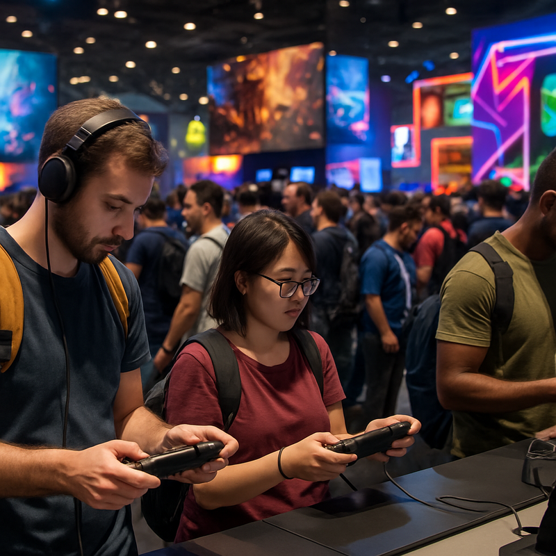 Drukke beursvloer van Gamescom 2025 met bezoekers en gaminghardware