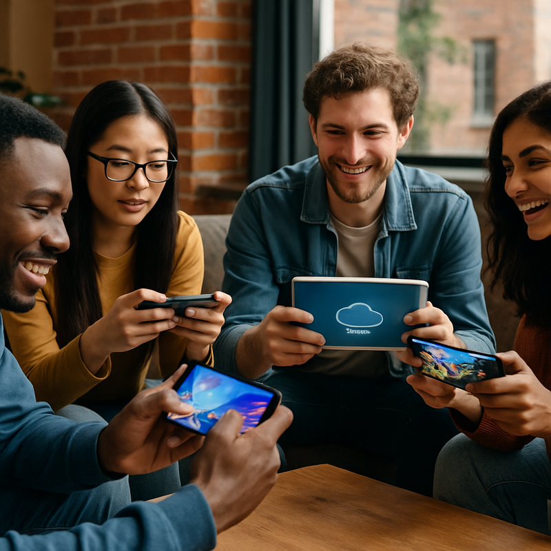 Diverse gamers spelen via mobiele en cloud gaming platforms in een moderne setting, omringd door community interacties