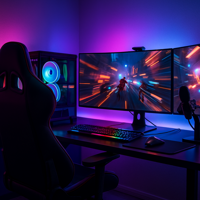 Gaming streaming setup met meerdere monitors en Nvidia RTX GPU