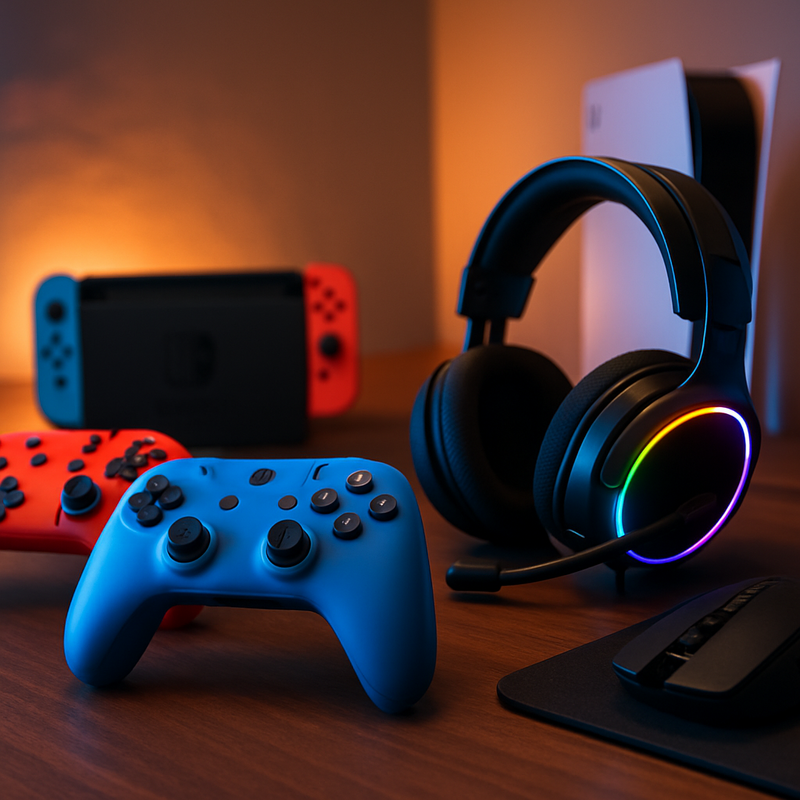 Gaming bureau met controllers, headset en consoles