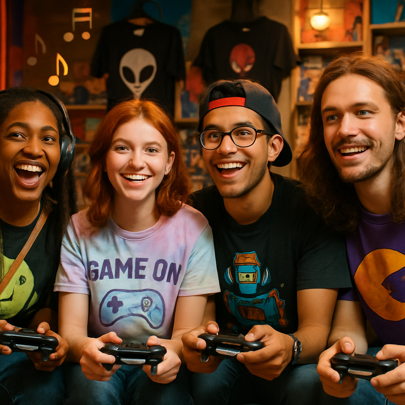 Jongeren spelen videogames met gaming-merchandise en opvallende kleding in een stedelijke omgeving