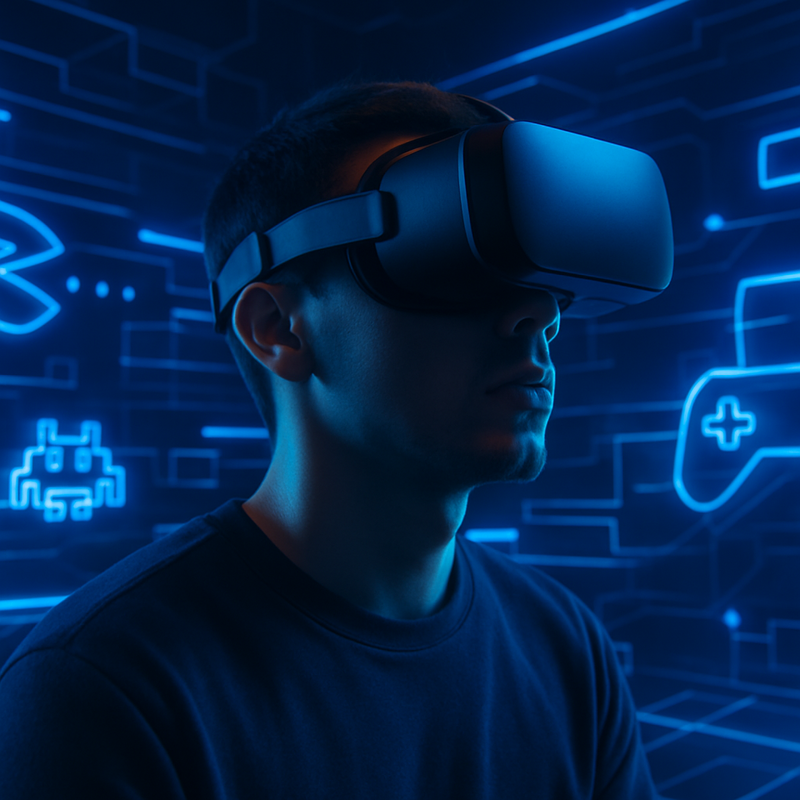 Gamer met VR-headset in een futuristische virtuele gamingomgeving
