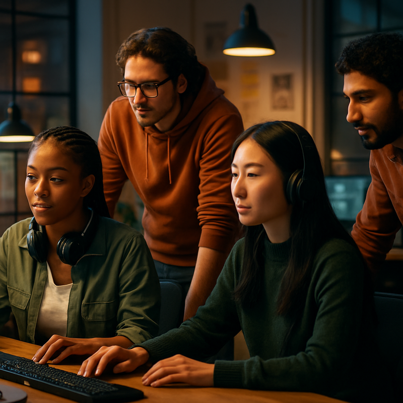 Een divers team van jonge game-ontwikkelaars werkt samen in een heldere studio