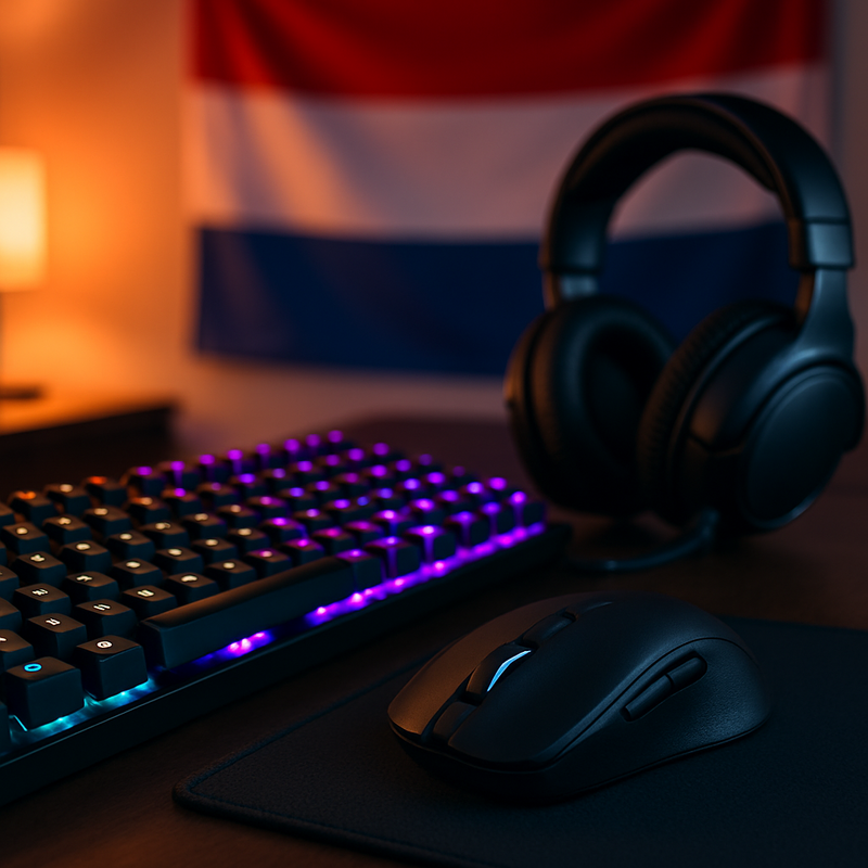 Gaming setup met mechanisch toetsenbord, draadloze muis en headset, verlicht met RGB-licht, Nederland context