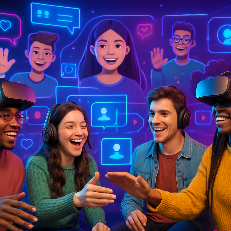 Diverse gamers gebruiken VR-brillen en AR-technologie in een virtuele, interactieve omgeving