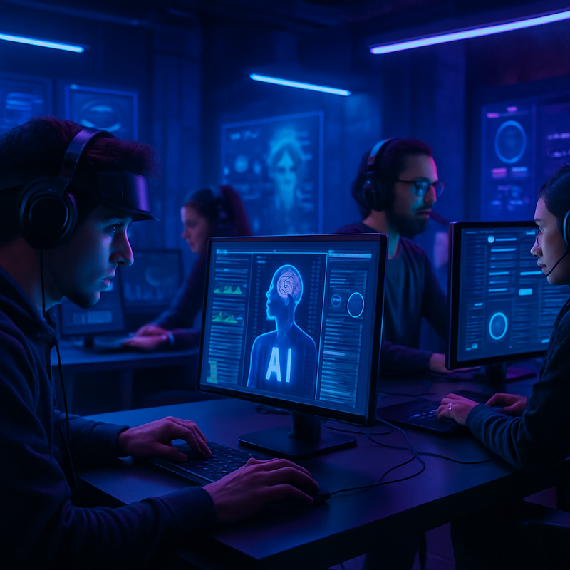 Ontwikkelaars in een futuristische studio die werken aan ethische AI-gamingprojecten