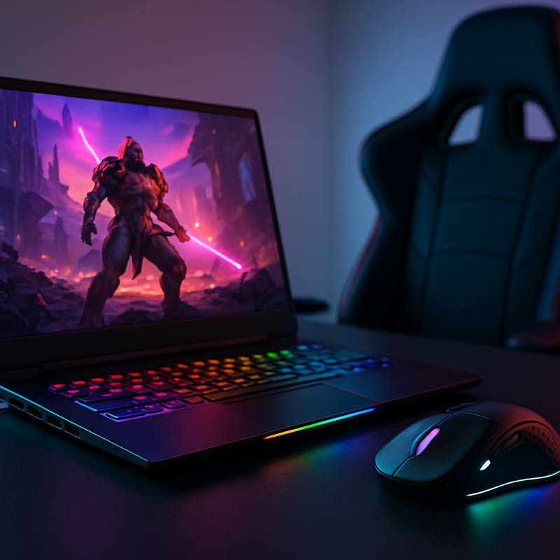 Gaming setup met laptop, ultralichte muis en ergonomische stoel