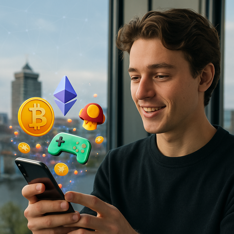 Smartphone met cryptocurrency symbolen en gaming elementen voor mobiele gaming trends