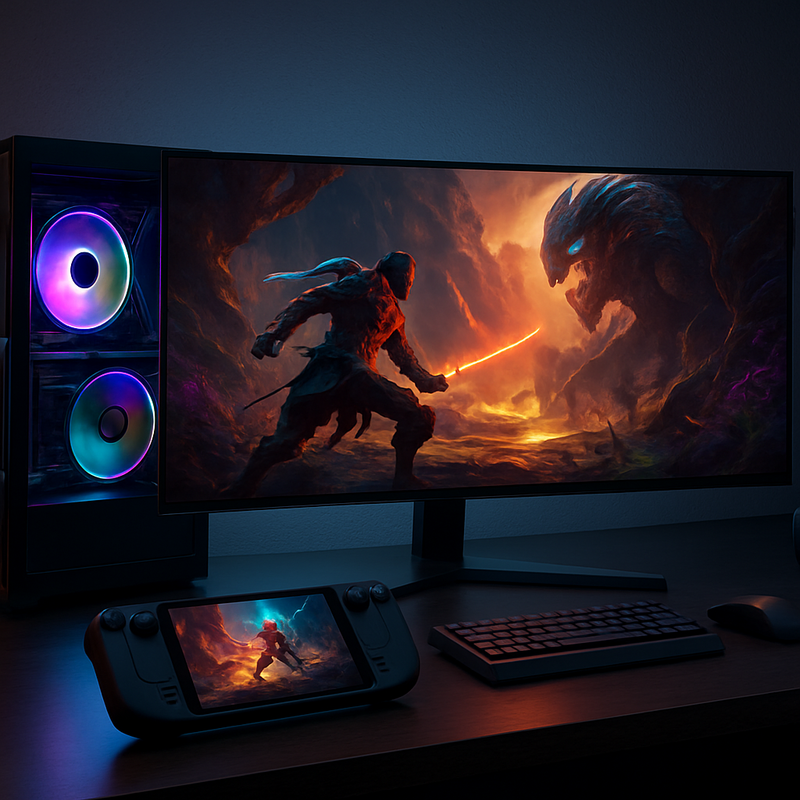 Gaming setup met PC, OLED-monitor, handheld console en gaming headset