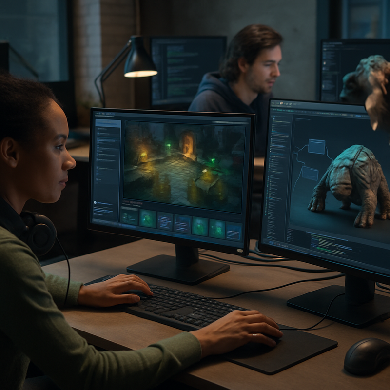 Game developers working with AI technology in a modern studio environment