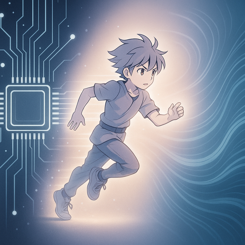 Een anime-stijl afbeelding die de concepten van AI-gestuurde (NVIDIA DLSS) en software-gestuurde (AMD FSR) framegeneratie technologieën uitbeeldt, met vloeiende beelden en lichte glow effecten.