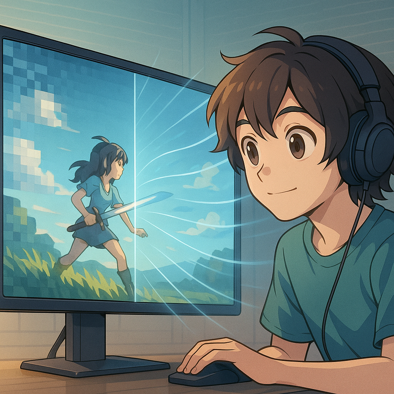 Anime-stijl afbeelding van een gamer die kijkt naar een scherm waar een pixelachtig beeld vloeiend en scherp wordt door opschaaltechnologie, met lichteffecten die framegeneratie symboliseren.