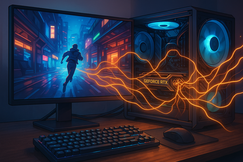 Anime stijl afbeelding van een gaming setup met een monitor waarop een vloeiende game te zien is, symboliserend de kracht van NVIDIA Frame Generatie.