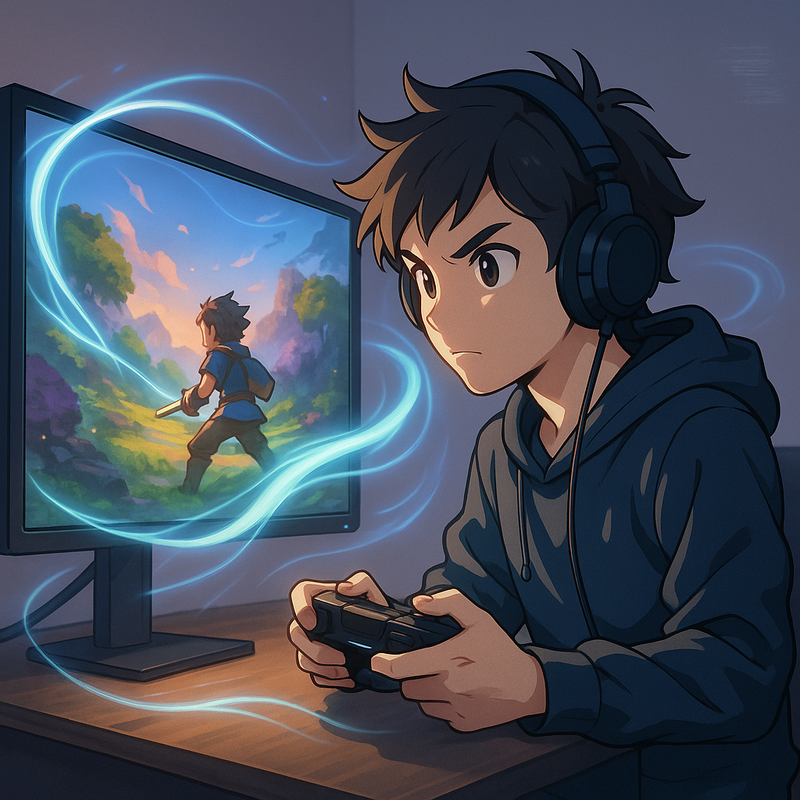 Een anime-stijl illustratie van een geconcentreerde persoon die een computerscherm met een kleurrijke game-scène bekijkt. Rondom het scherm is een zachte, gloeiende energie zichtbaar die de framegeneratietechnologie symboliseert.