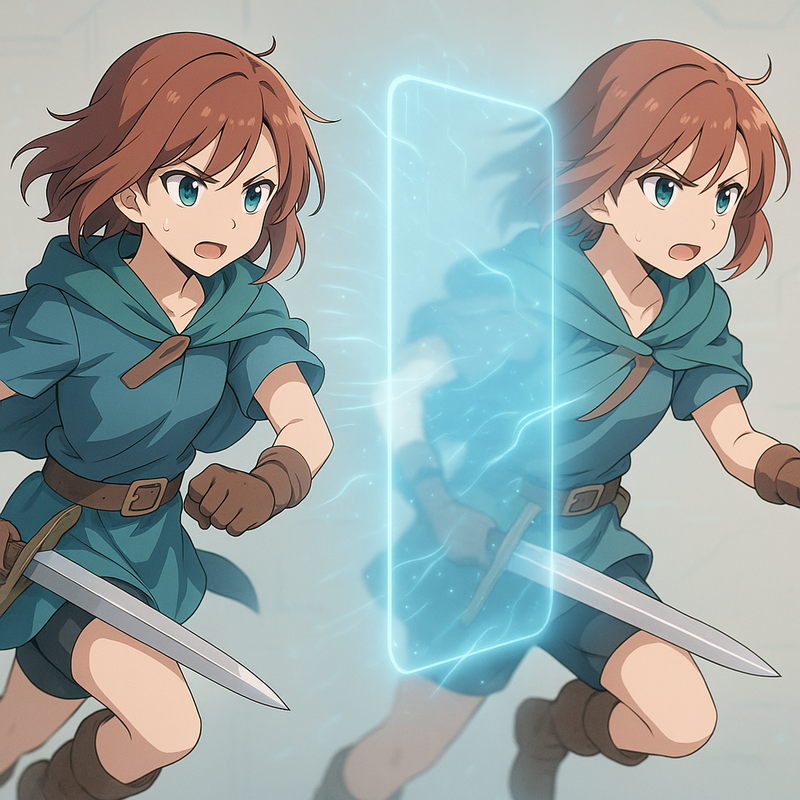 Een anime-stijl afbeelding die het concept van AI-gestuurde framegeneratie visualiseert, waarbij nieuwe frames vloeiend tussen bestaande frames verschijnen, wat leidt tot een verbeterde framerate en vloeiendere gameplay.