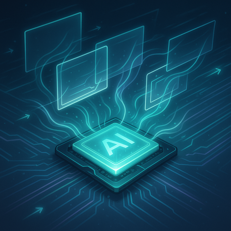 Anime-stijl afbeelding van een gloeiende grafische chip met bewegende lijnen en frames die AI-generatie en vloeiende beweging symboliseren.