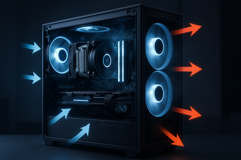 Illustratie van een open, futuristische pc-kast die efficiënte luchtstromen en componentkoeling toont, in anime stijl.