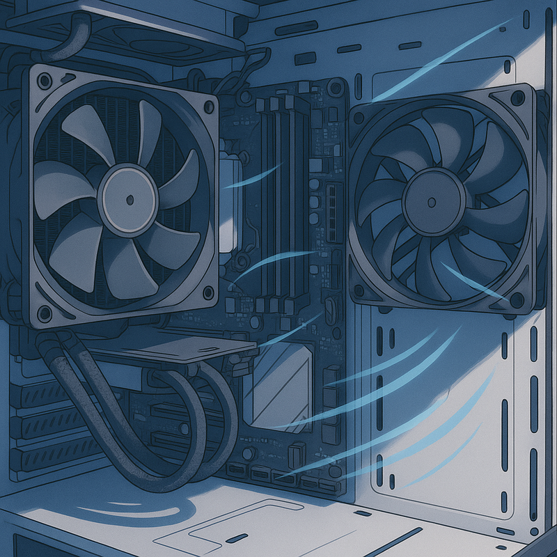 Anime-stijl afbeelding van de binnenkant van een computerkast, met duidelijk onderscheid tussen een static pressure ventilator en een airflow ventilator, symboliserend efficiënte luchtstromen voor koeling.