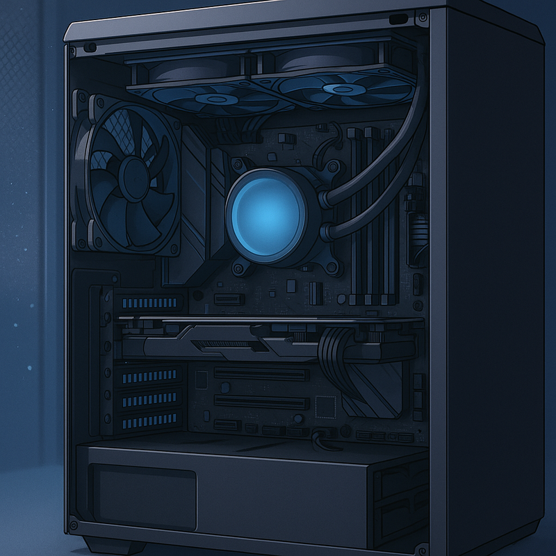 An anime-style illustration of an open PC case, showing a large CPU air cooler and an AIO water cooler's radiator. The components are clean and well-lit, emphasizing efficient cooling.