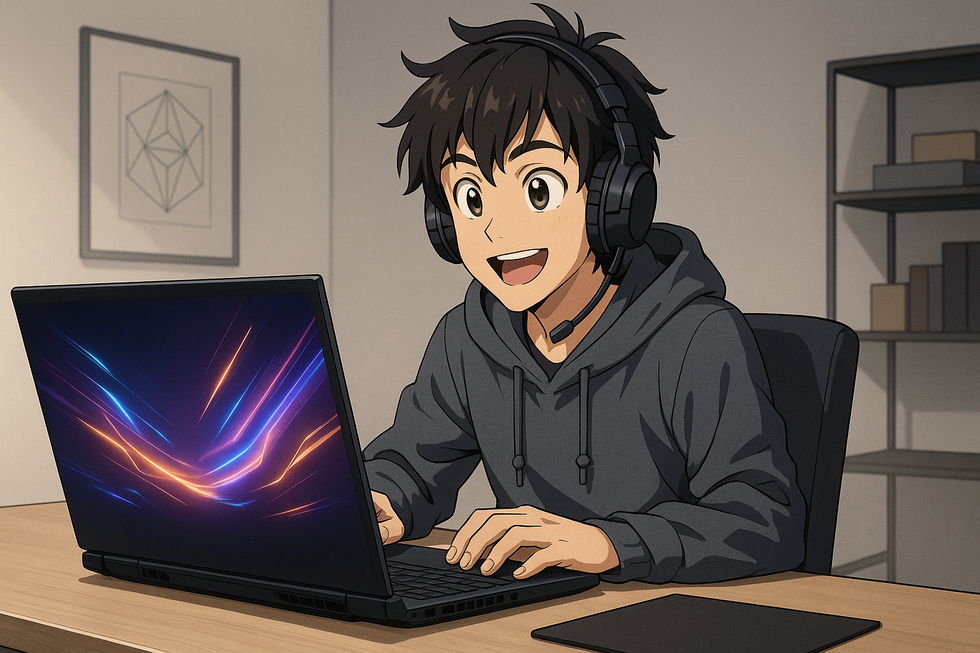 Anime-stijl illustratie van een vrolijke tienerjongen die gamet op een krachtige laptop met een RTX 5070 GPU, met een gloeiend scherm dat geavanceerde graphics toont.