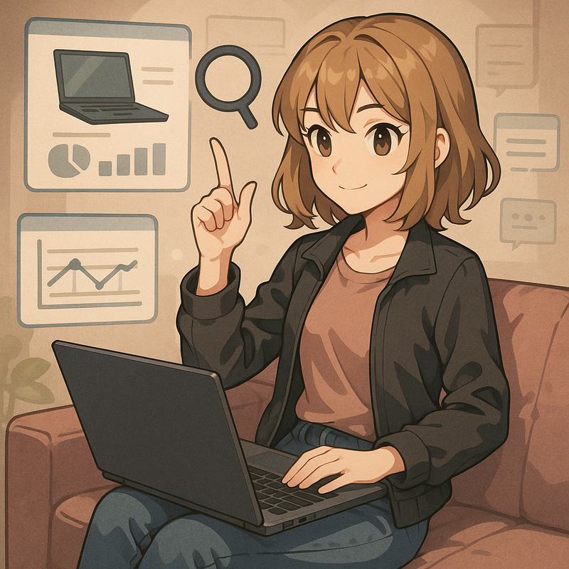 Anime stijl illustratie van een jonge persoon die geconcentreerd naar verschillende laptopschermen kijkt, omringd door grafieken en cijfers, wat slim online shoppen voor technologie symboliseert.