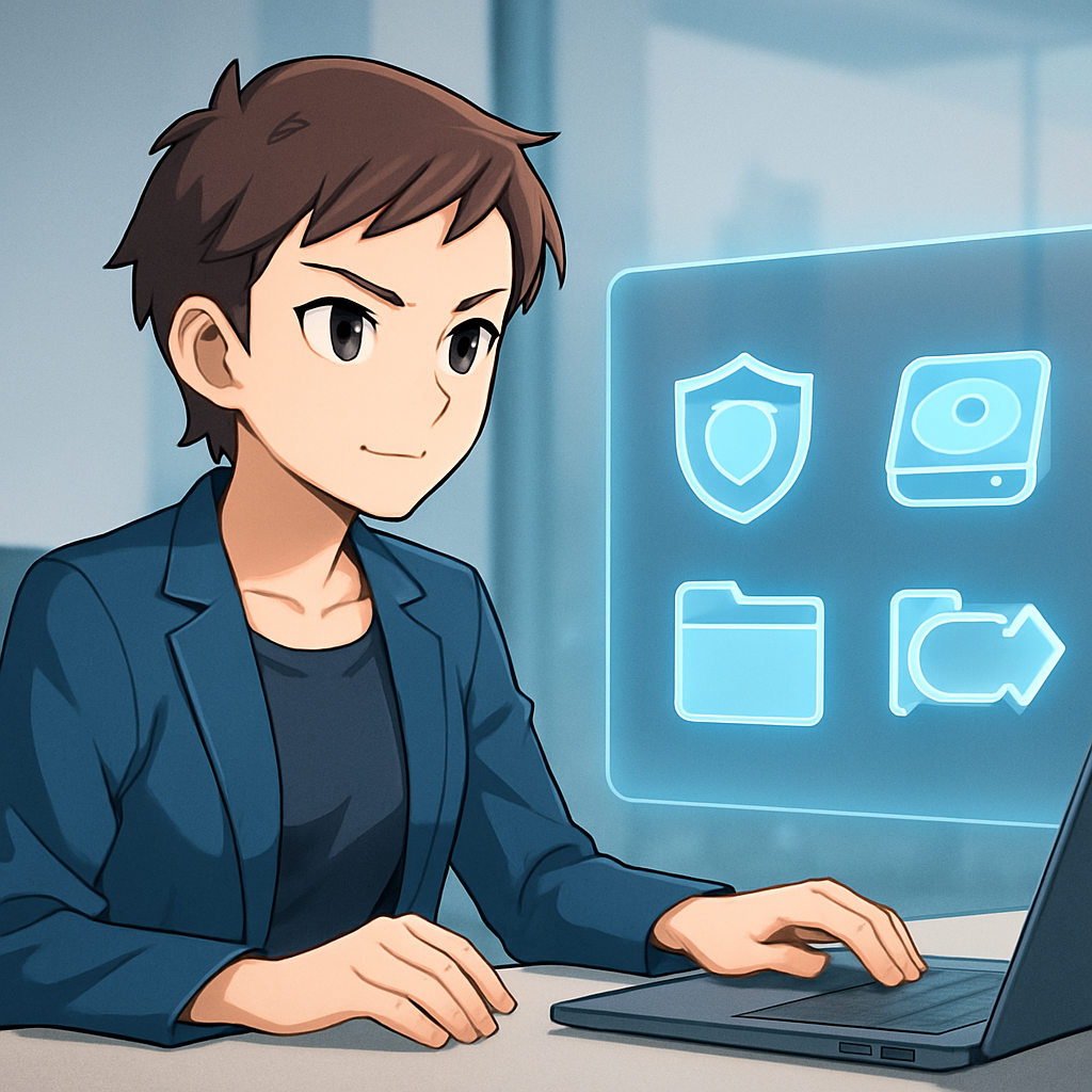 Een anime-stijl illustratie van een jonge vrouw die met vertrouwen naar een holografisch scherm kijkt, waarop iconen voor verschillende backuptypes zoals een schild, harde schijf, map en synchronisatiepijlen worden weergegeven.