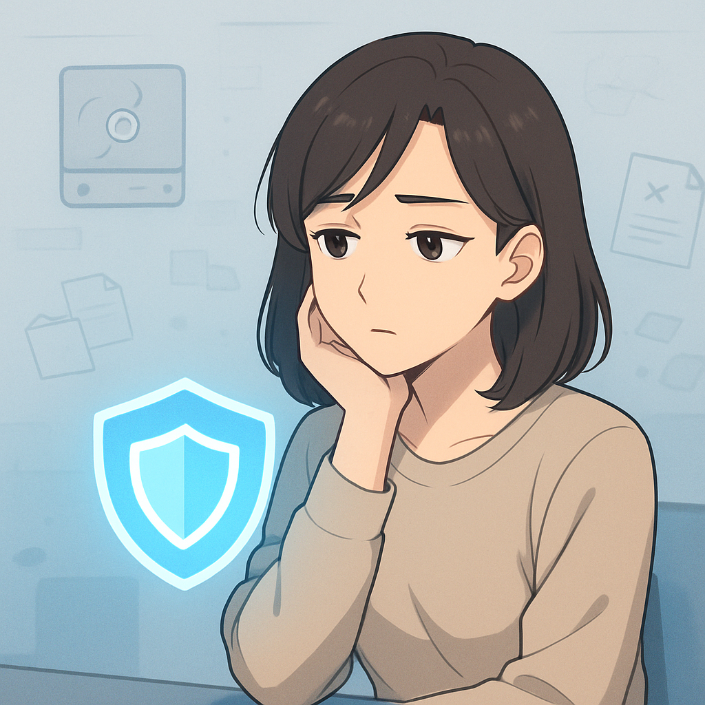 Een anime-stijl afbeelding van een persoon die bedachtzaam kijkt, omringd door vage symbolen van digitale problemen, terwijl een helder, beschermend digitaal schild voor hen zweeft, wat het belang van backups en de oplossing benadrukt.