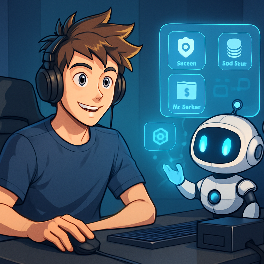 Een enthousiaste gamer in anime-stijl zit aan zijn bureau, met een vriendelijke robot 'sidekick' die holografische icons voor backup-functies projecteert, wat de eenvoud en kracht van AOMEI Backupper symboliseert.