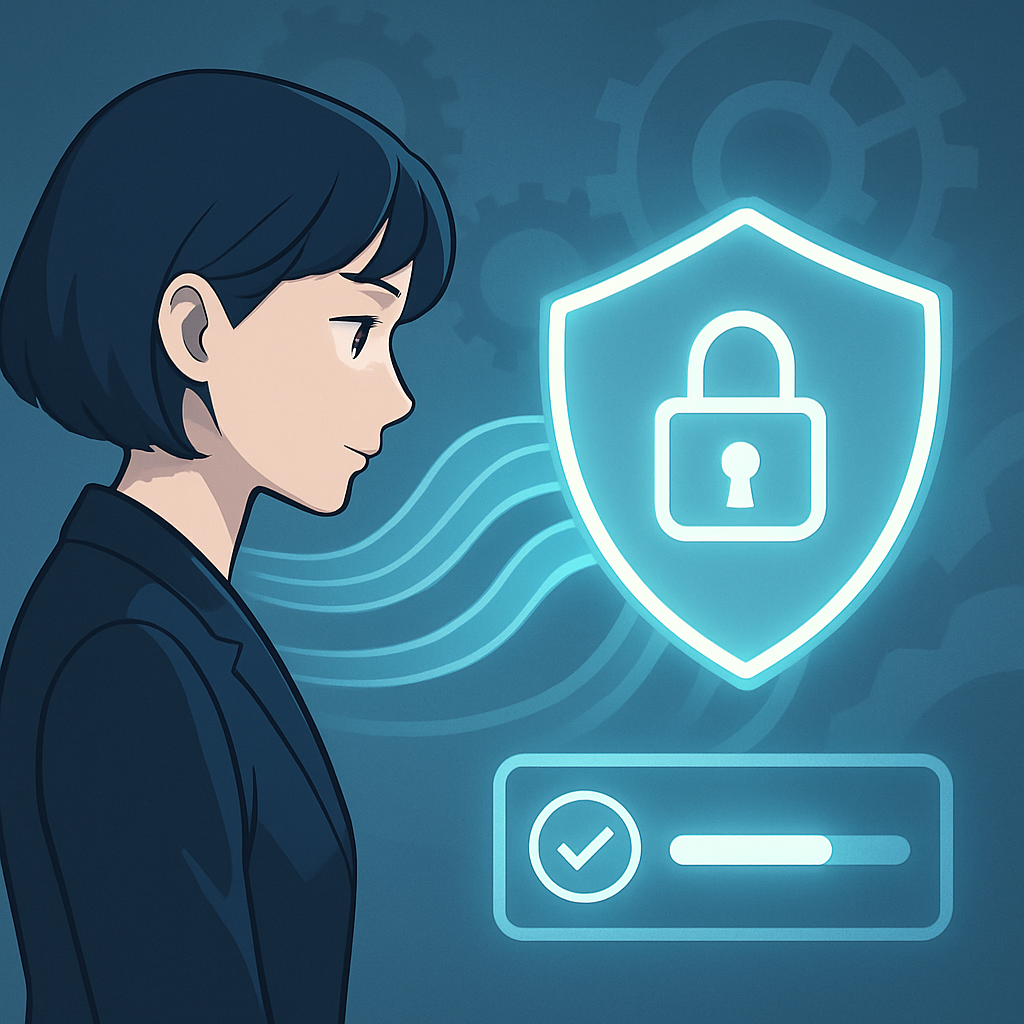 Een anime-personage, herkenbaar als Noa Jansen, kijkt toe hoe gegevensstromen in een digitaal schild vloeien, omringd door symbolen van automatisering en encryptie, wat efficiënte dataveiligheid en herstel weergeeft.