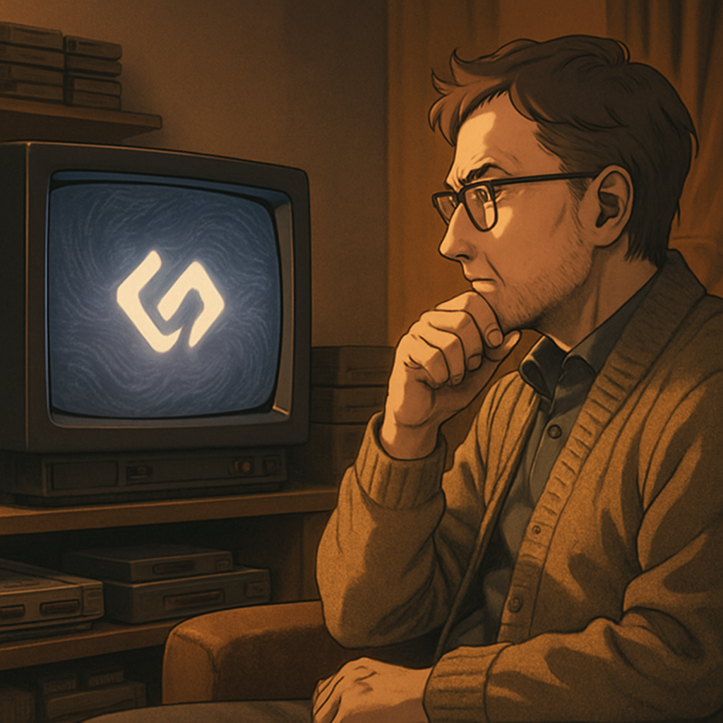 Een man (Daan Bakker) met bril zit in een fauteuil, omringd door nostalgische game-items, en kijkt naar een CRT-monitor waarop een abstract, AI-gegenereerd logo en vloeiende 'shader'-patronen te zien zijn.