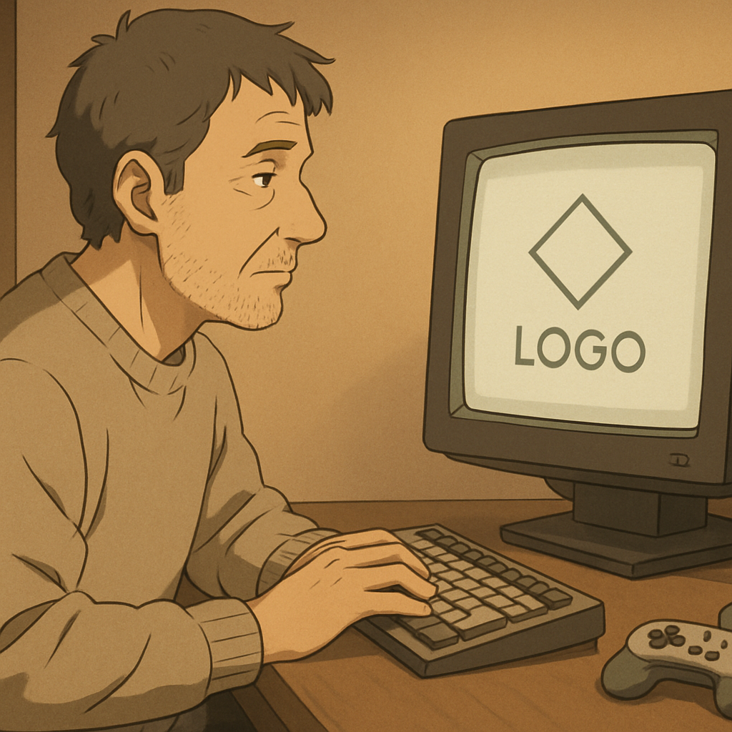 Een anime-illustratie van een man die op nostalgische wijze een logo ontwerpt op een computer, met klassieke game-elementen op zijn bureau.