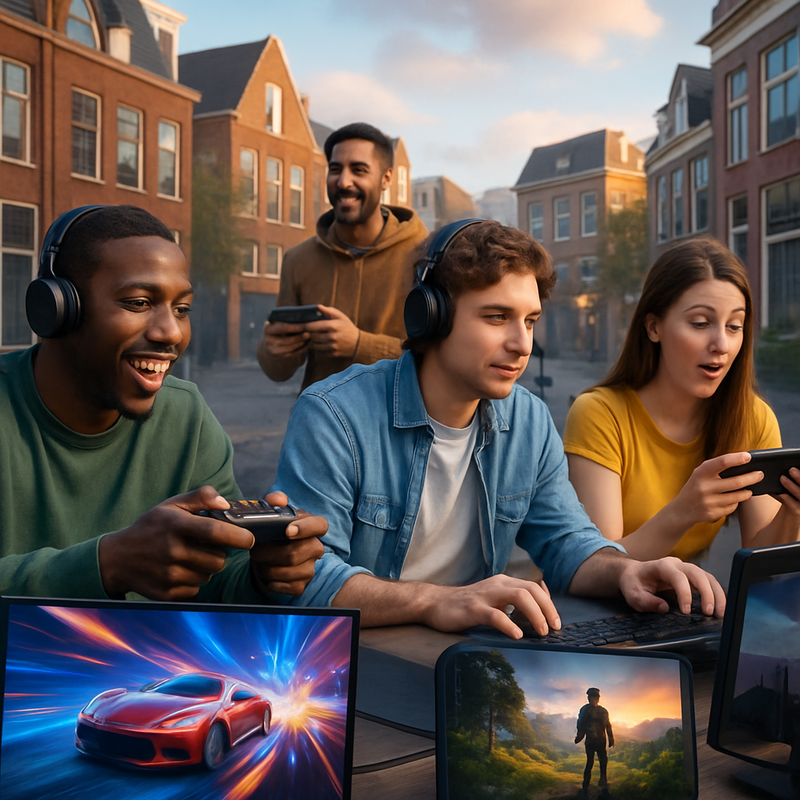 Diversiteit aan gamers die verschillende gamegenres spelen op consoles, mobiel en PC in een futuristische Nederlandse stadsomgeving