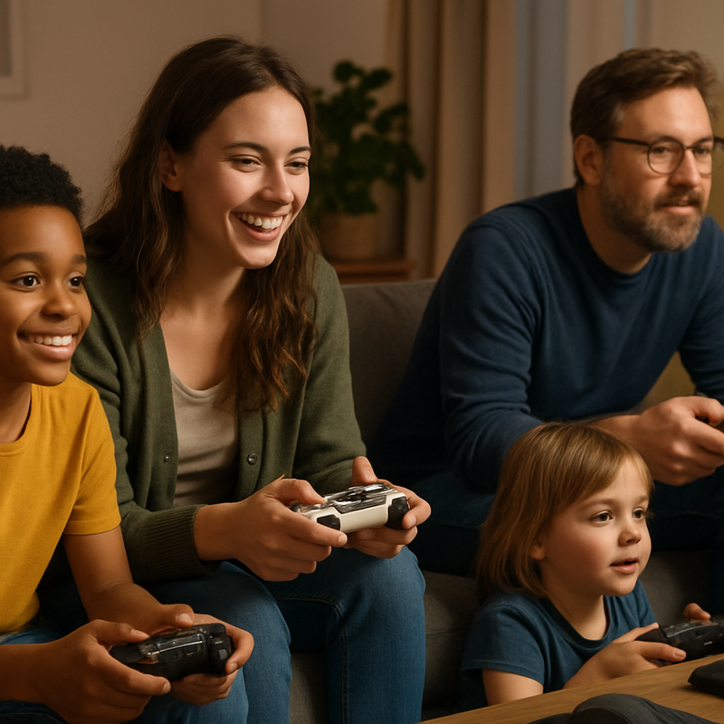 Familie speelt ontspannen indie-games op moderne gamingapparatuur in een gezellige woonkamer